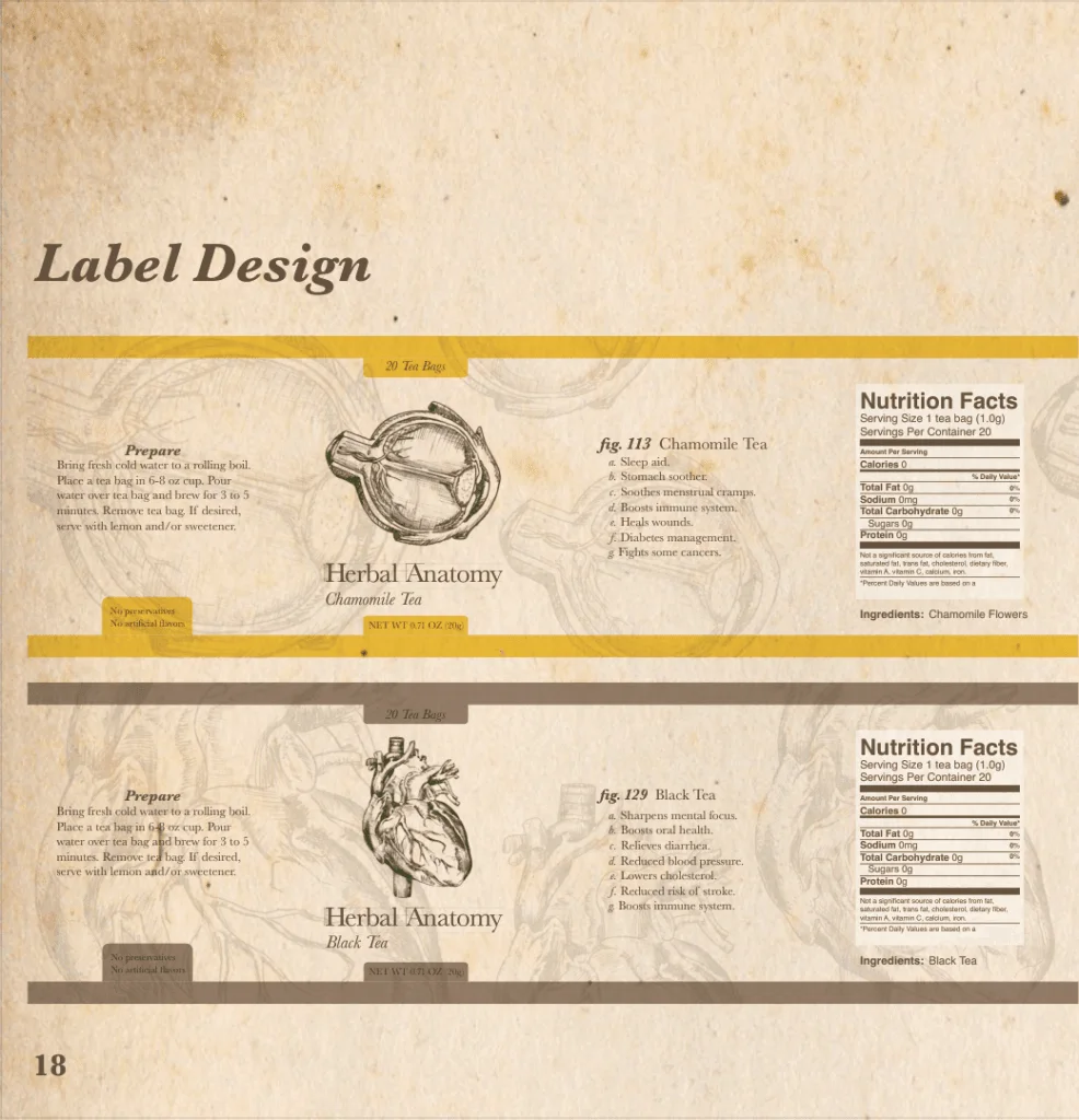 Finished tin label design for Chamomile and Black tea, with nutrition facts and organ illustration