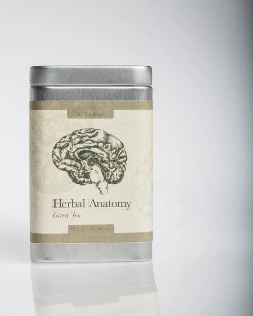 Close view of a single Herbal Anatomy tea tin