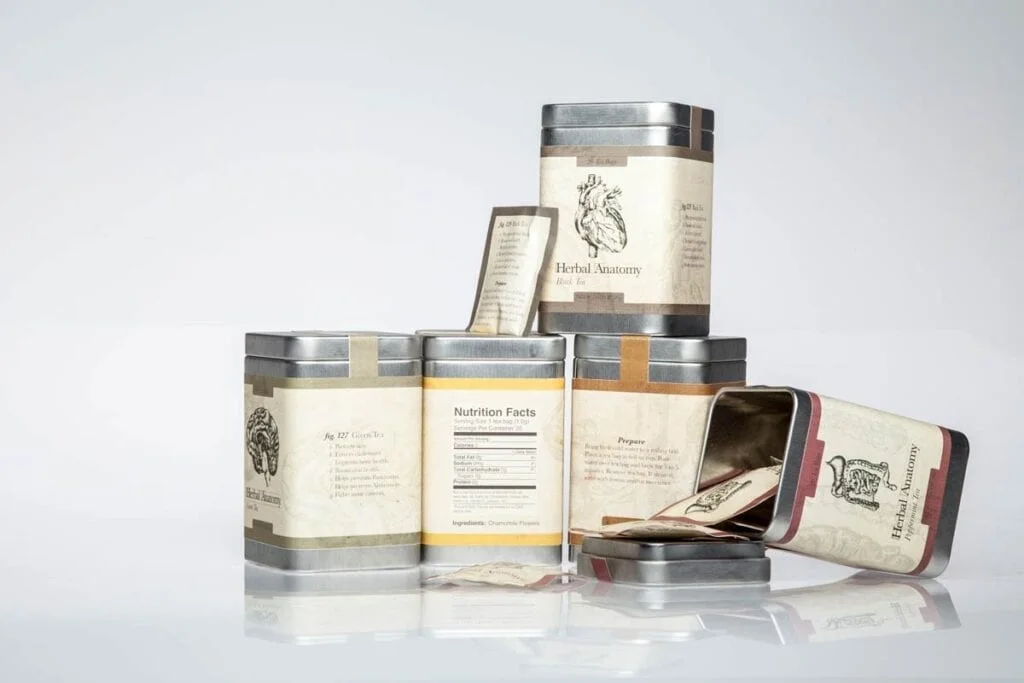 Herbal Anatomy tea tins arranged as a range