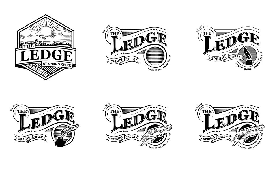 Digital rough drafts refining the feather mark for The Ledge