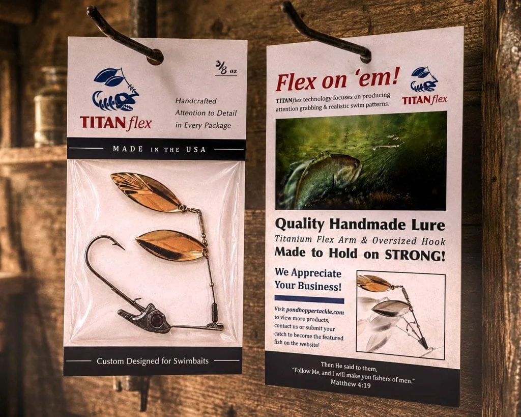 TitanFlex swimbait packaging, two hang-tag cards on weathered wood