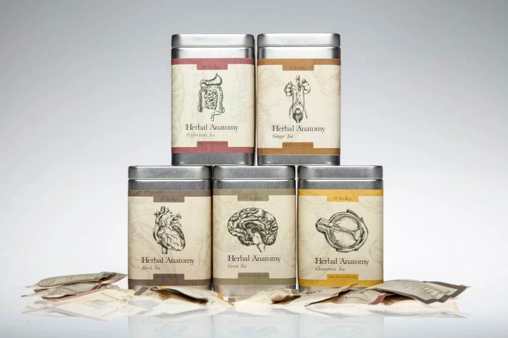The full Herbal Anatomy tea range, five tins with anatomical labels