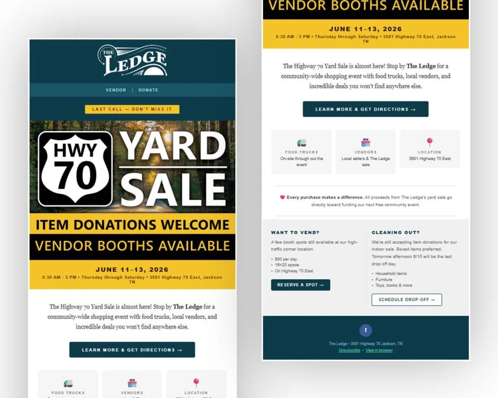 Hwy 70 Yard Sale email campaign, two-panel newsletter design for The Ledge