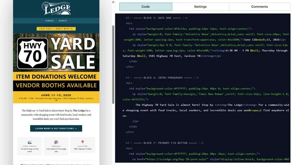 Closeup of custom HTML code pasted into a Mailchimp code block, building the Hwy 70 Yard Sale email